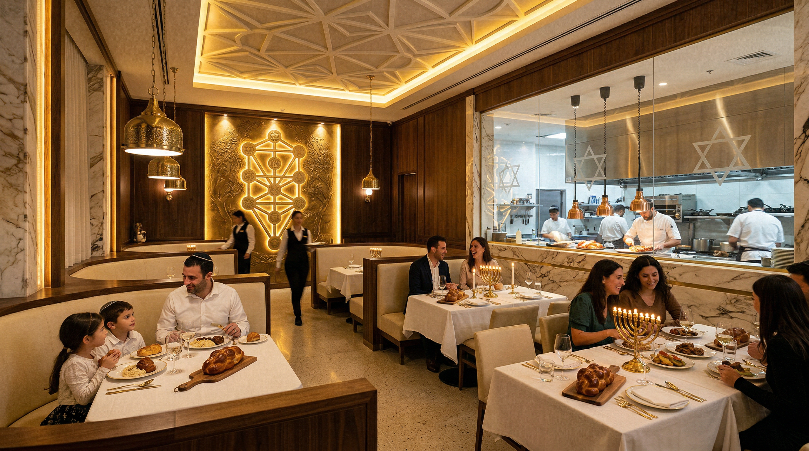 Premium kosher restaurant with Tree of Life wall relief, open kitchen, and families dining