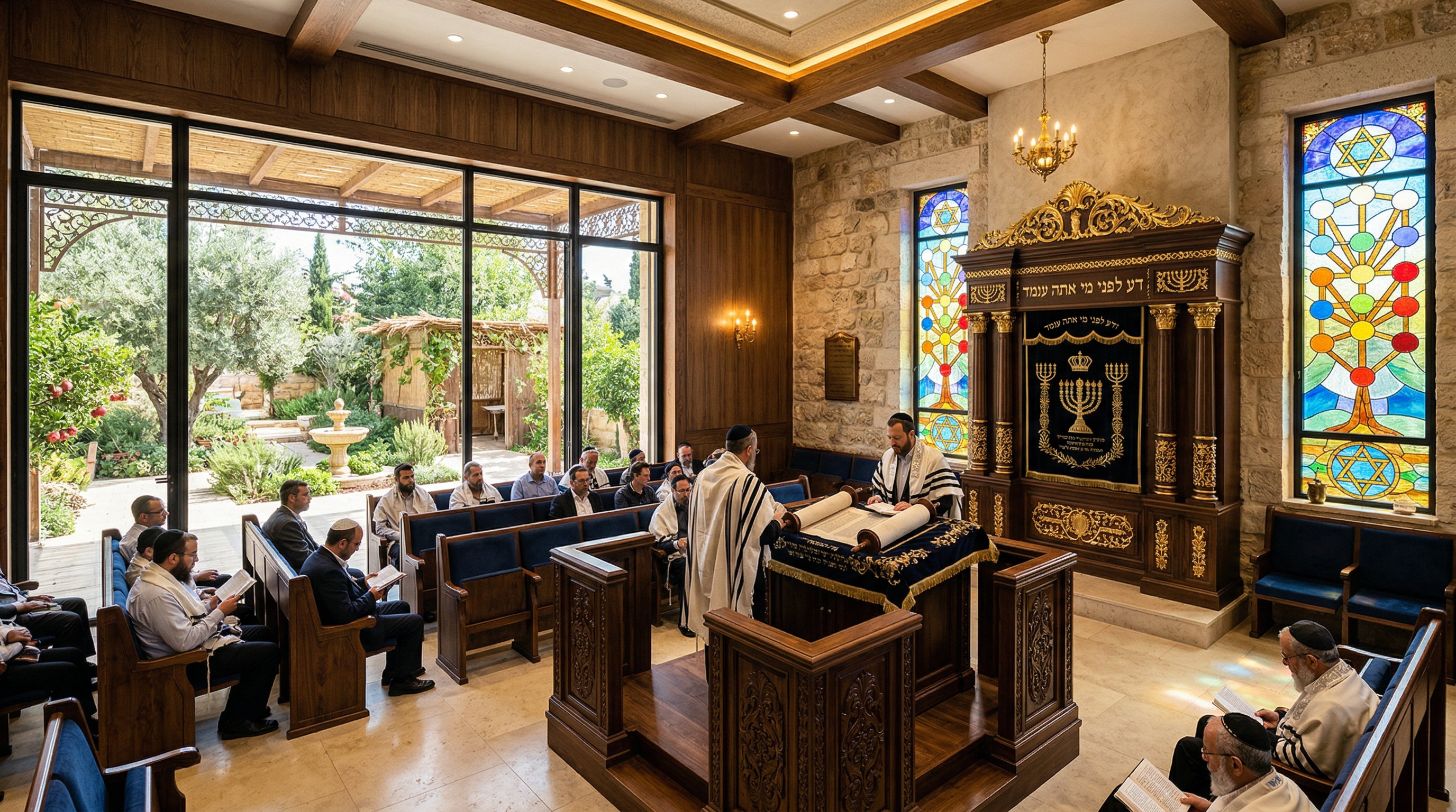Intimate synagogue with Torah reading, stained glass, and Mediterranean garden visible through glass doors