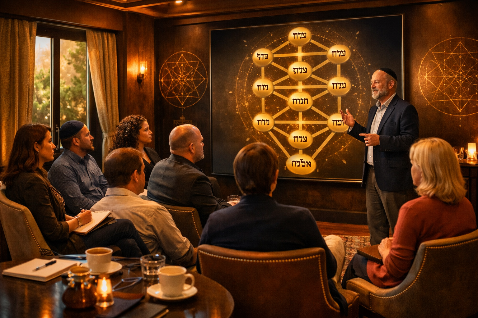 Kabbalistic workshop session with Tree of Life diagram and diverse attendees